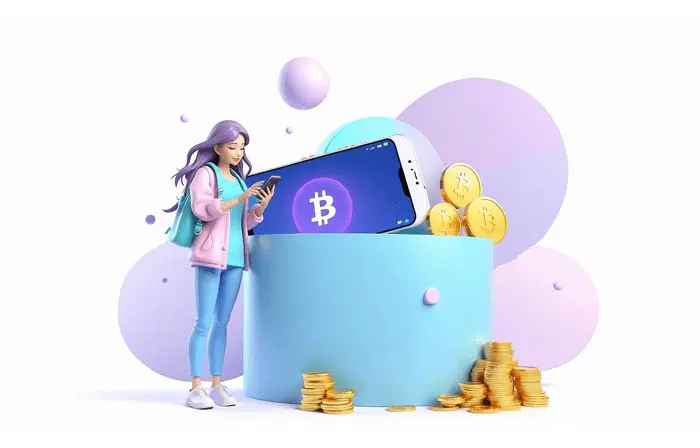 Cryptocurrency Investment Using Mobile 3D Character Illustration image
